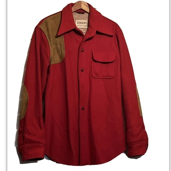 Vtg Chaps Ralph Lauren Men Red Sz 44L Wool Blend Suede Elbow Patch Button Shirt - Picture 1 of 8